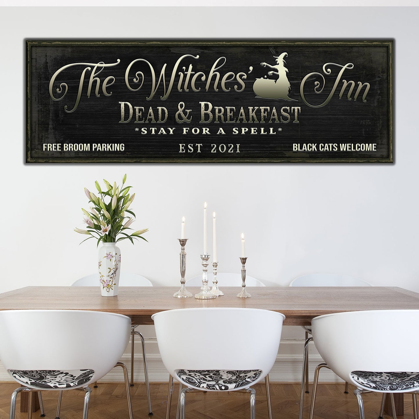 The Witches Inn rustic word-art Halloween canvas sign in moody tones
