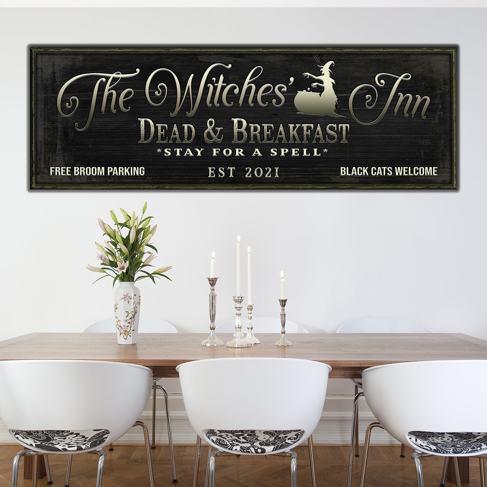 The Witches Inn rustic word-art Halloween canvas sign in moody tones