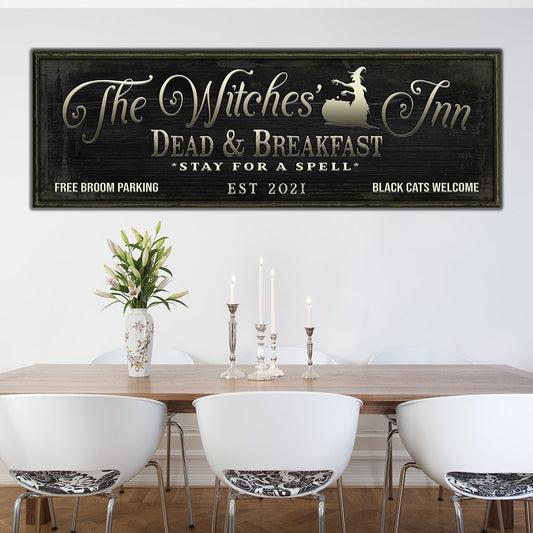 The Witches Inn rustic word-art Halloween canvas sign in moody tones