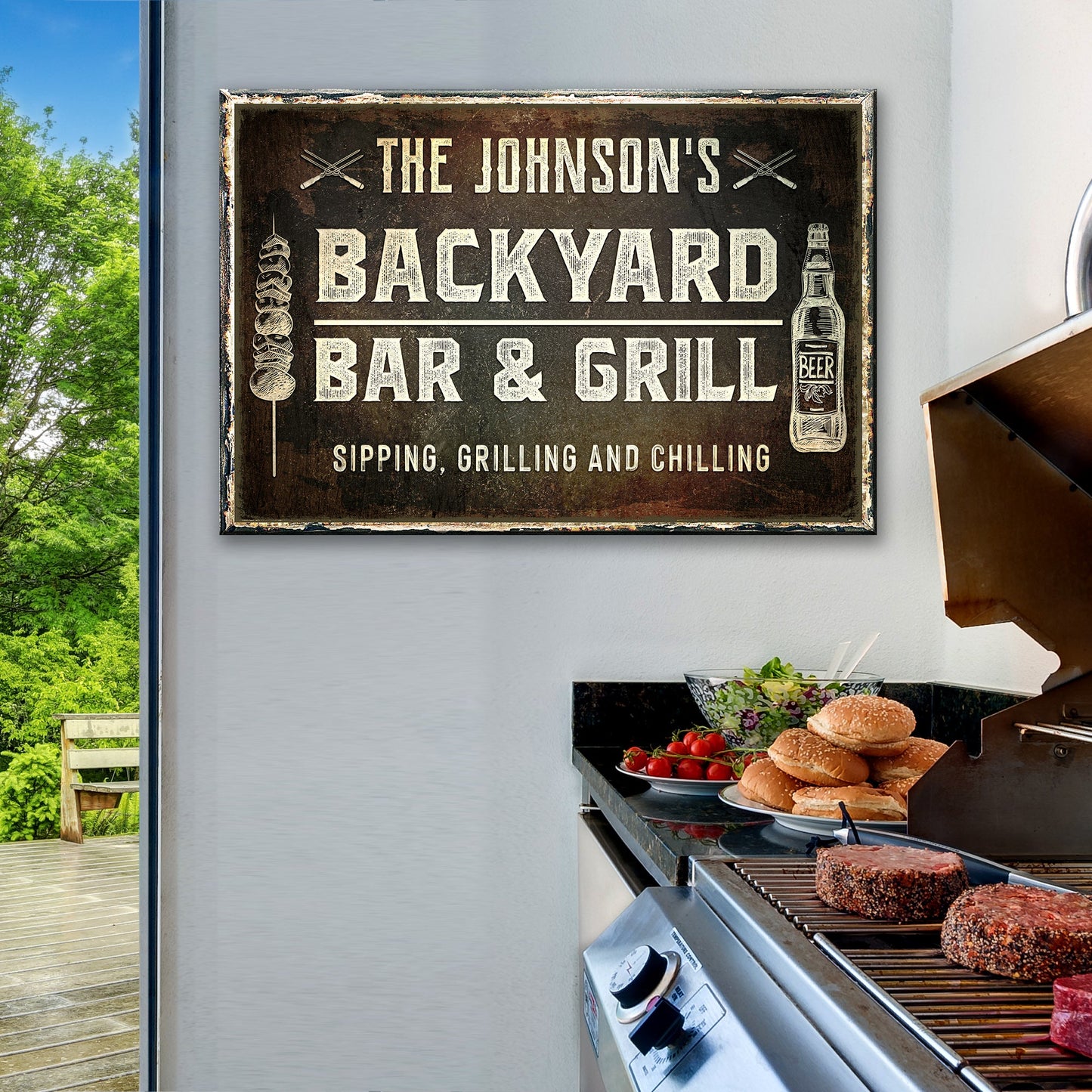 Personalized backyard bar and grill canvas sign with family name and year in rustic lettering
