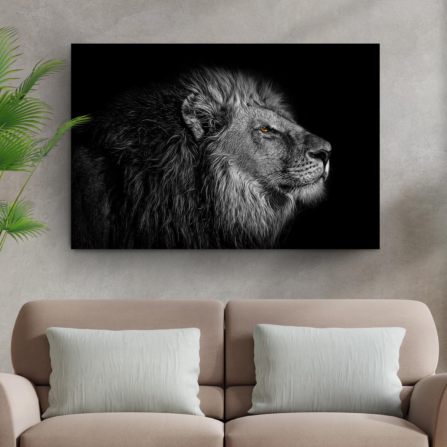 Black and white lion head canvas wall art with regal majestic wildlife portrait
