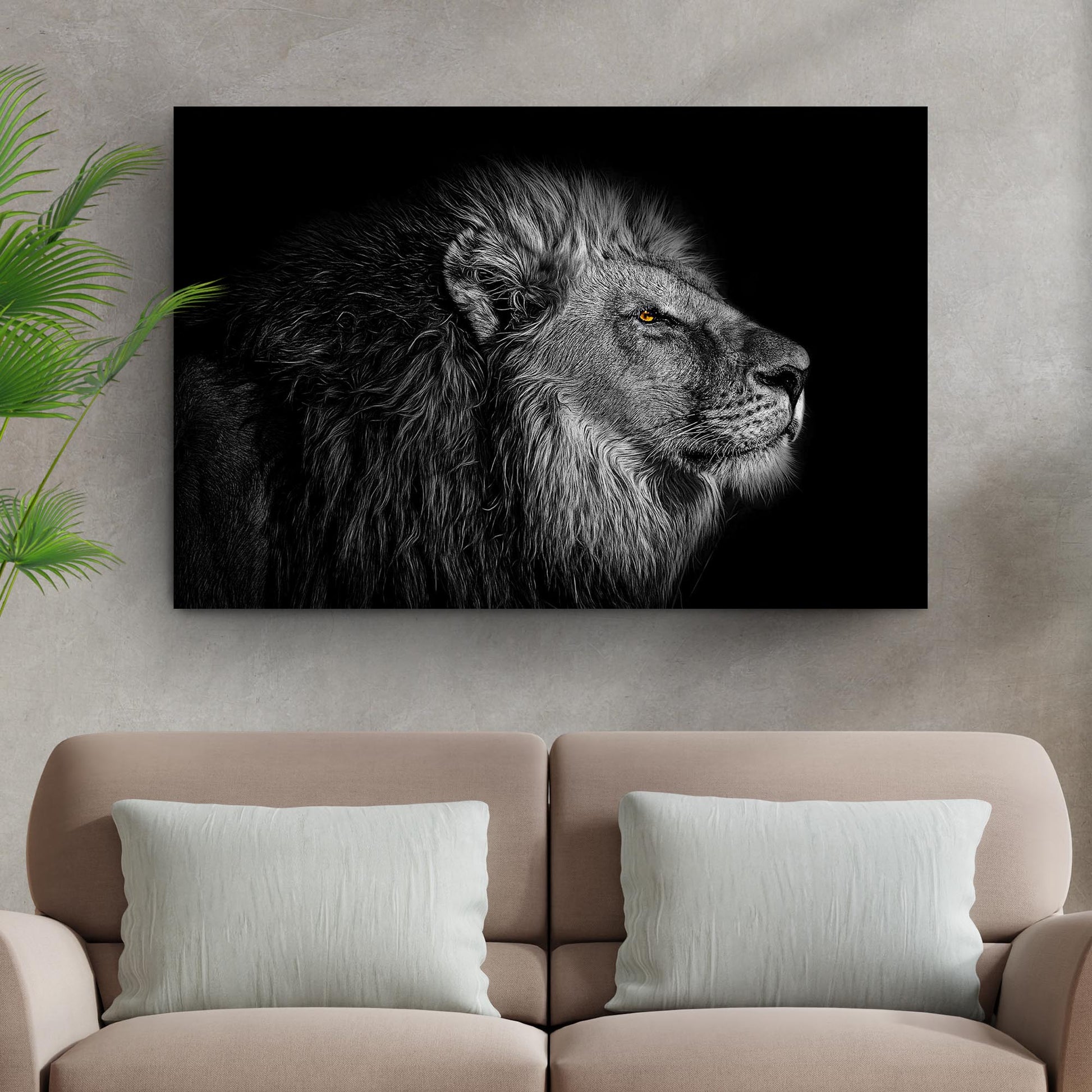 Black and white lion head canvas wall art with regal majestic wildlife portrait