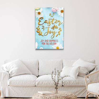 Easter Joy canvas in sky blue with daisies and speckled eggs hanging above a white sofa