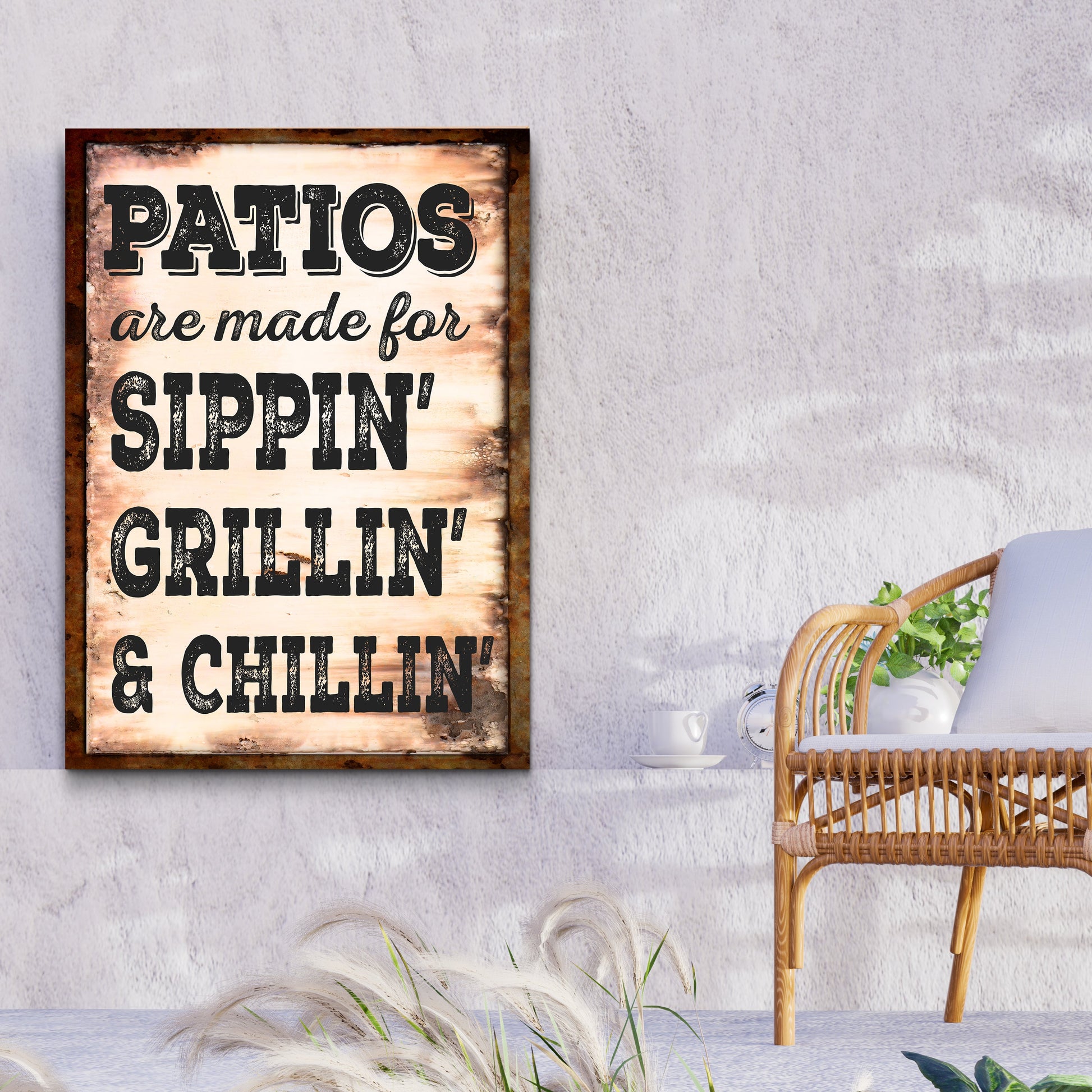 Personalized patio canvas sign reading sippin grillin chillin with family name in rustic lettering