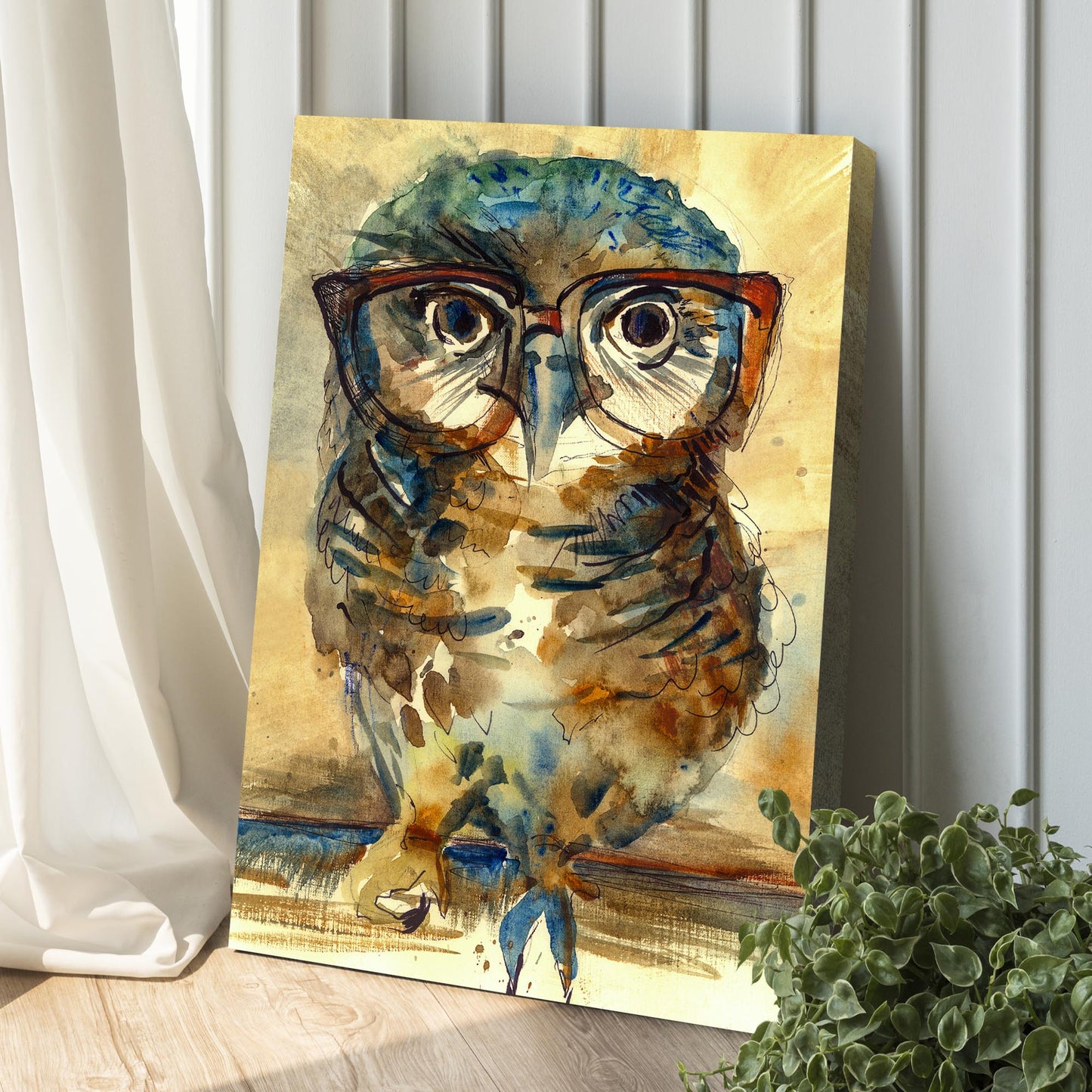 Wise Owl Watercolor Portrait Canvas Wall Art