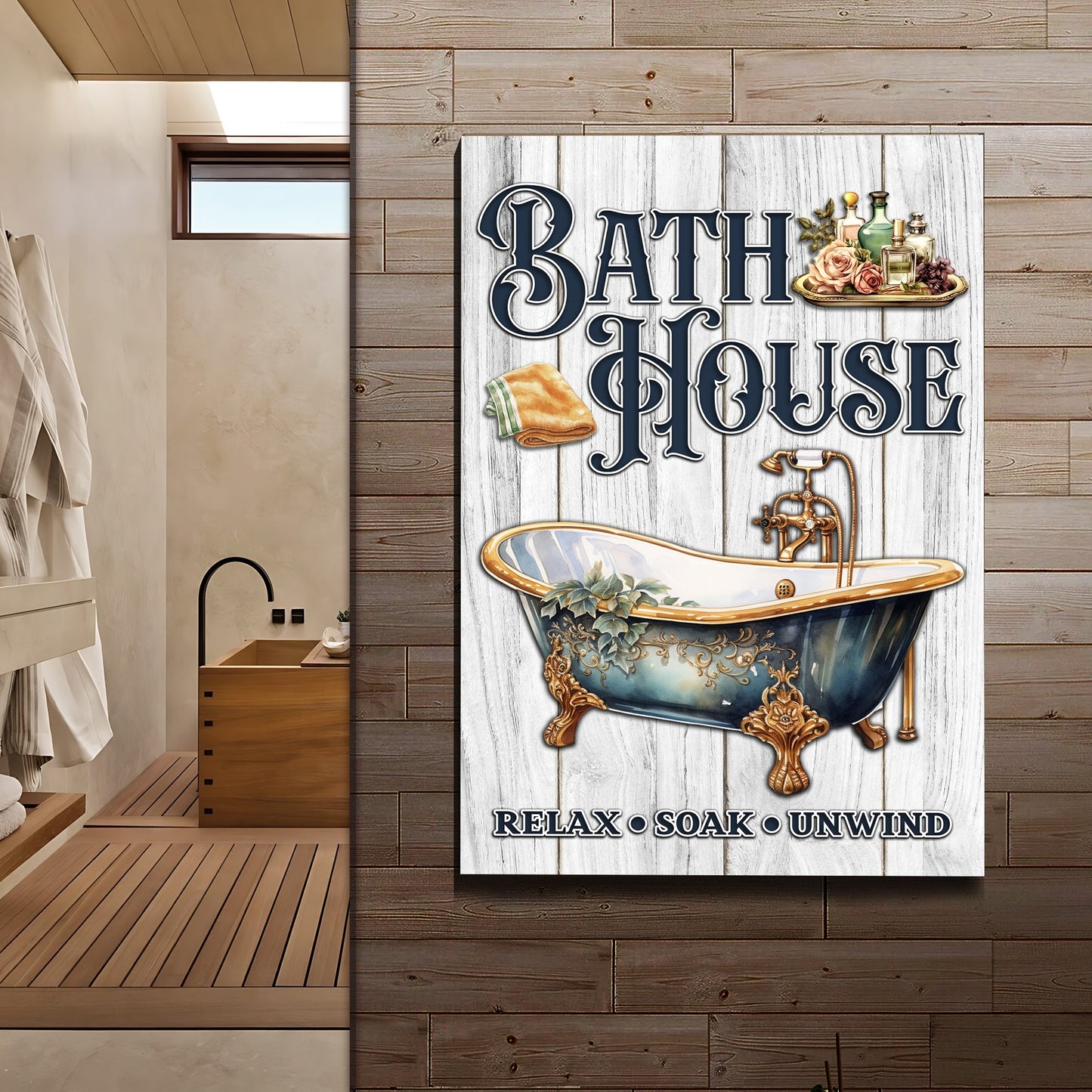 Relax Soak Unwind Bath House Canvas Sign