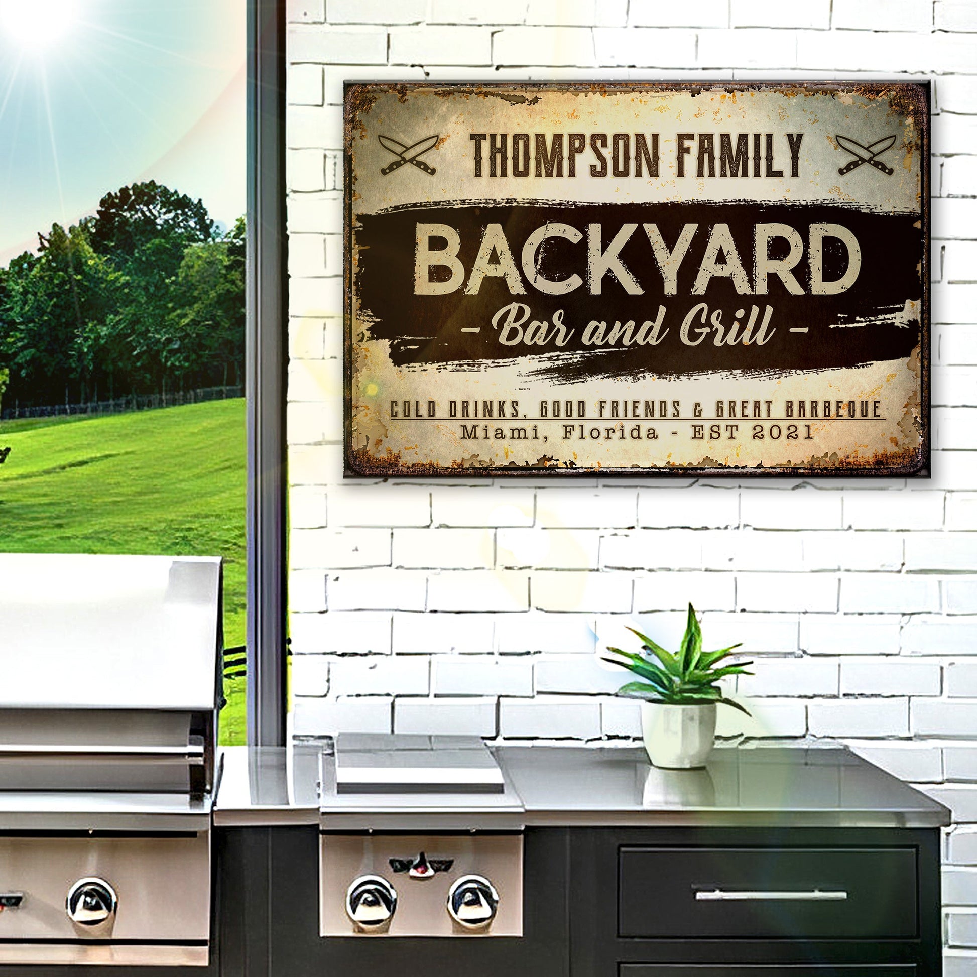 Personalized backyard bar and grill canvas sign with family name in rustic pub-style lettering
