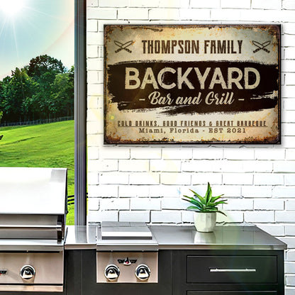 Personalized backyard bar and grill canvas sign with family name in rustic pub-style lettering