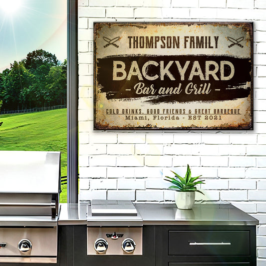 Personalized backyard bar and grill canvas sign with family name in rustic pub-style lettering