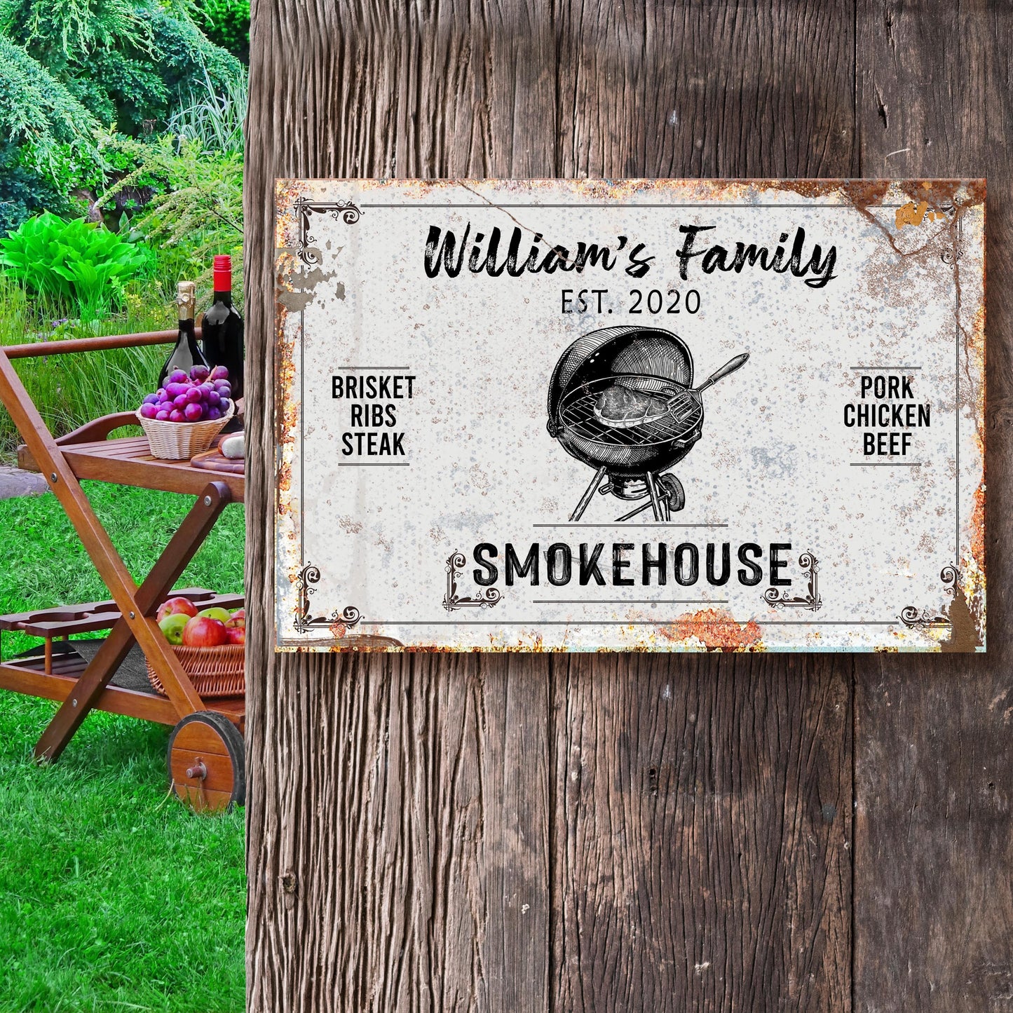Personalized family smokehouse canvas sign with family name and year in rustic barbecue lettering