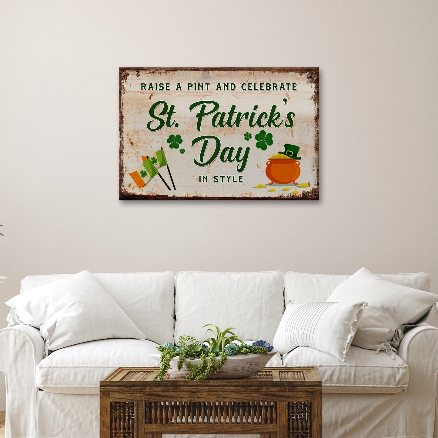 Raise a pint St. Patricks Day canvas wall art — Irish celebration bar sign decor
