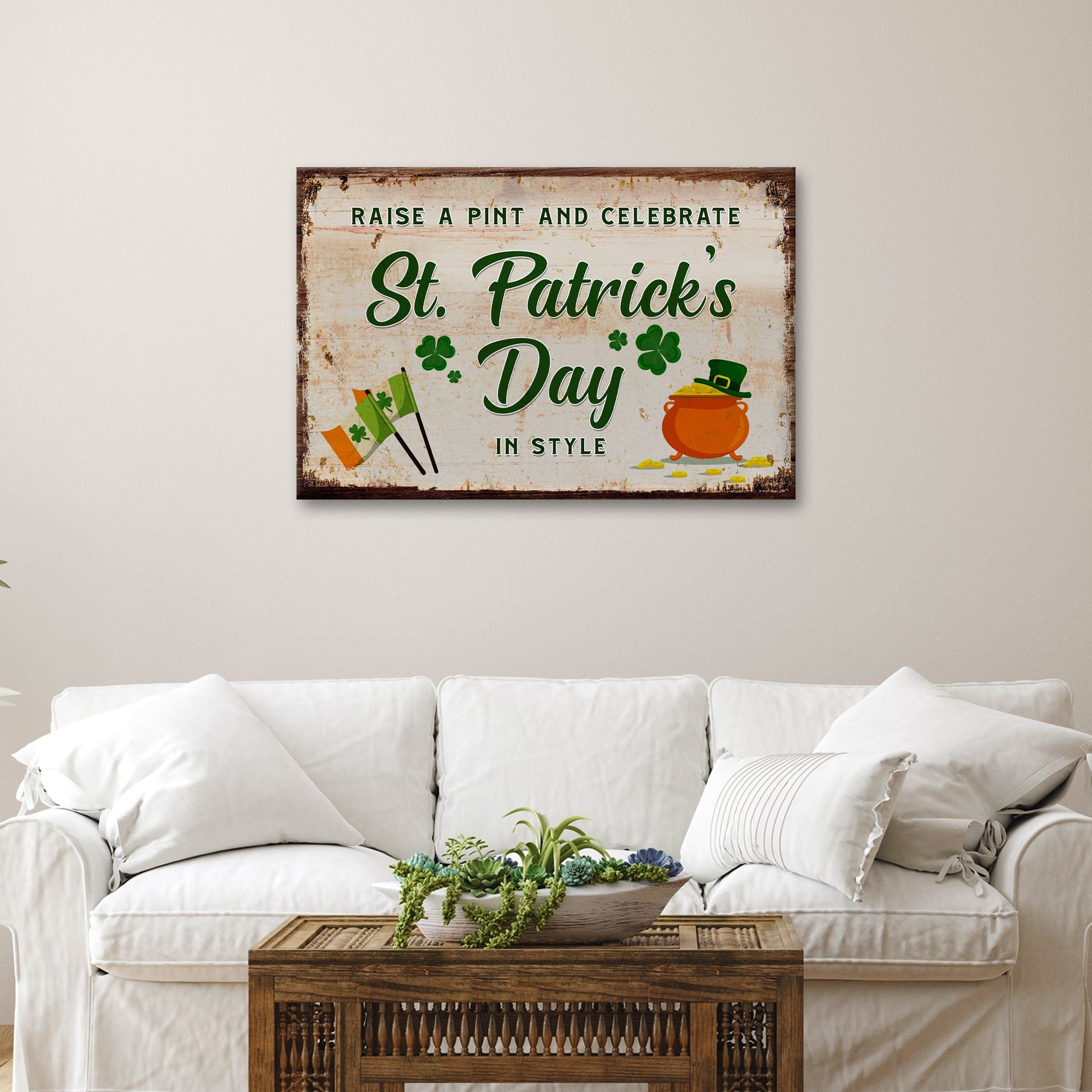 Raise a pint St. Patricks Day canvas wall art — Irish celebration bar sign decor