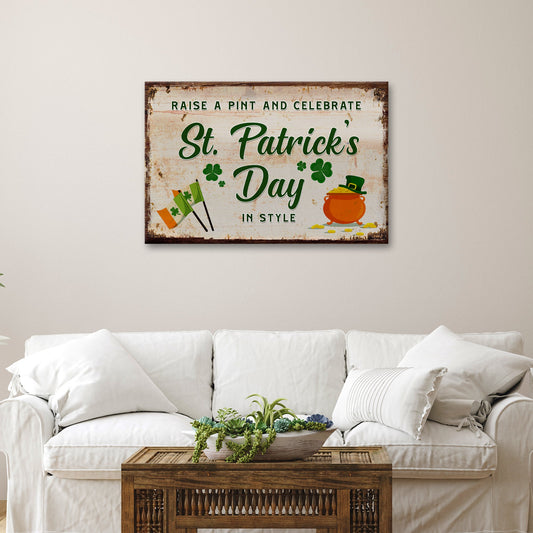 Raise a pint St. Patricks Day canvas wall art — Irish celebration bar sign decor