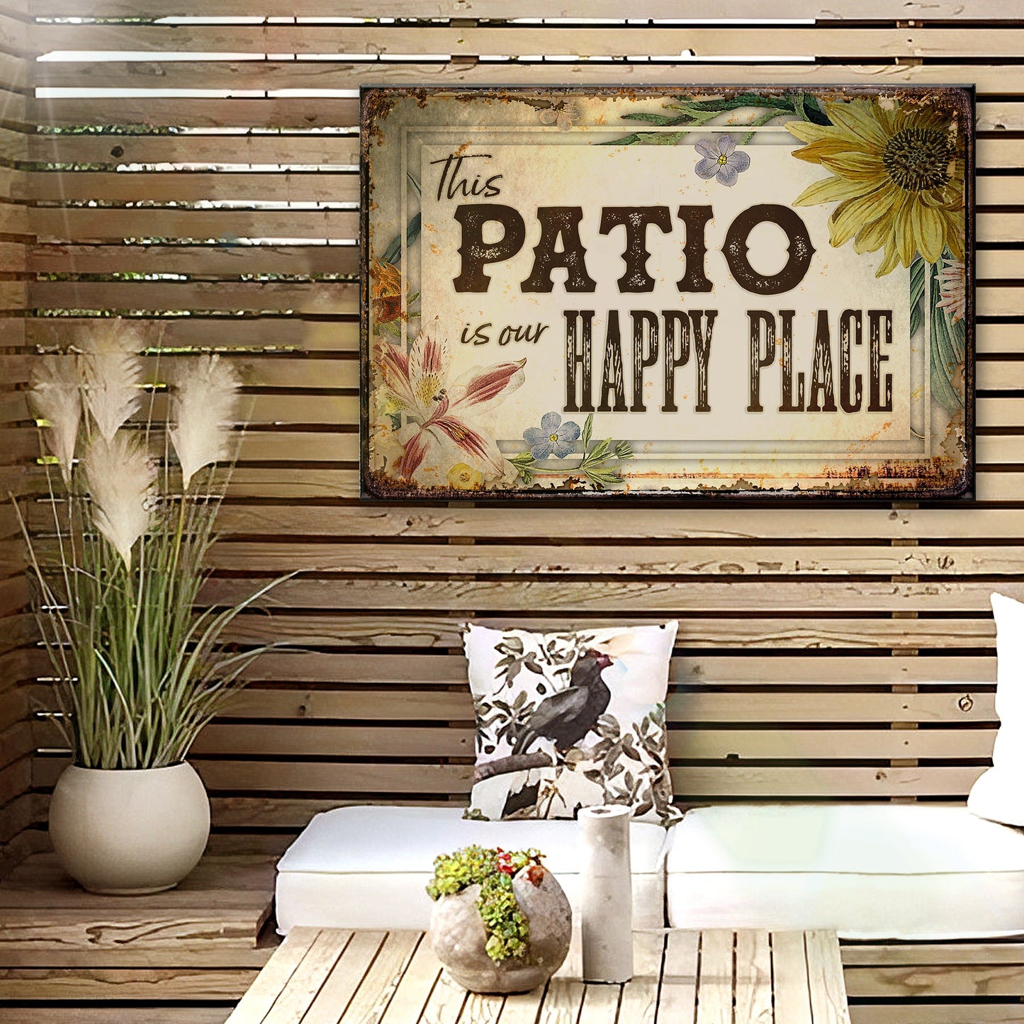 This Patio Is Our Happy Place personalized rustic word-art canvas sign on a wall
