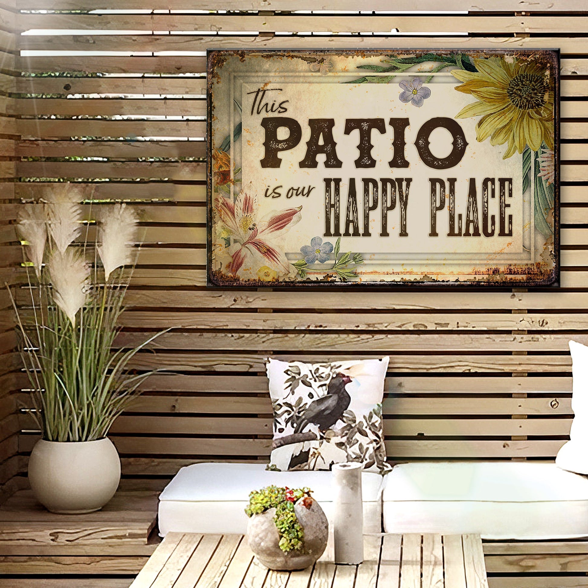 This Patio Is Our Happy Place personalized rustic word-art canvas sign on a wall