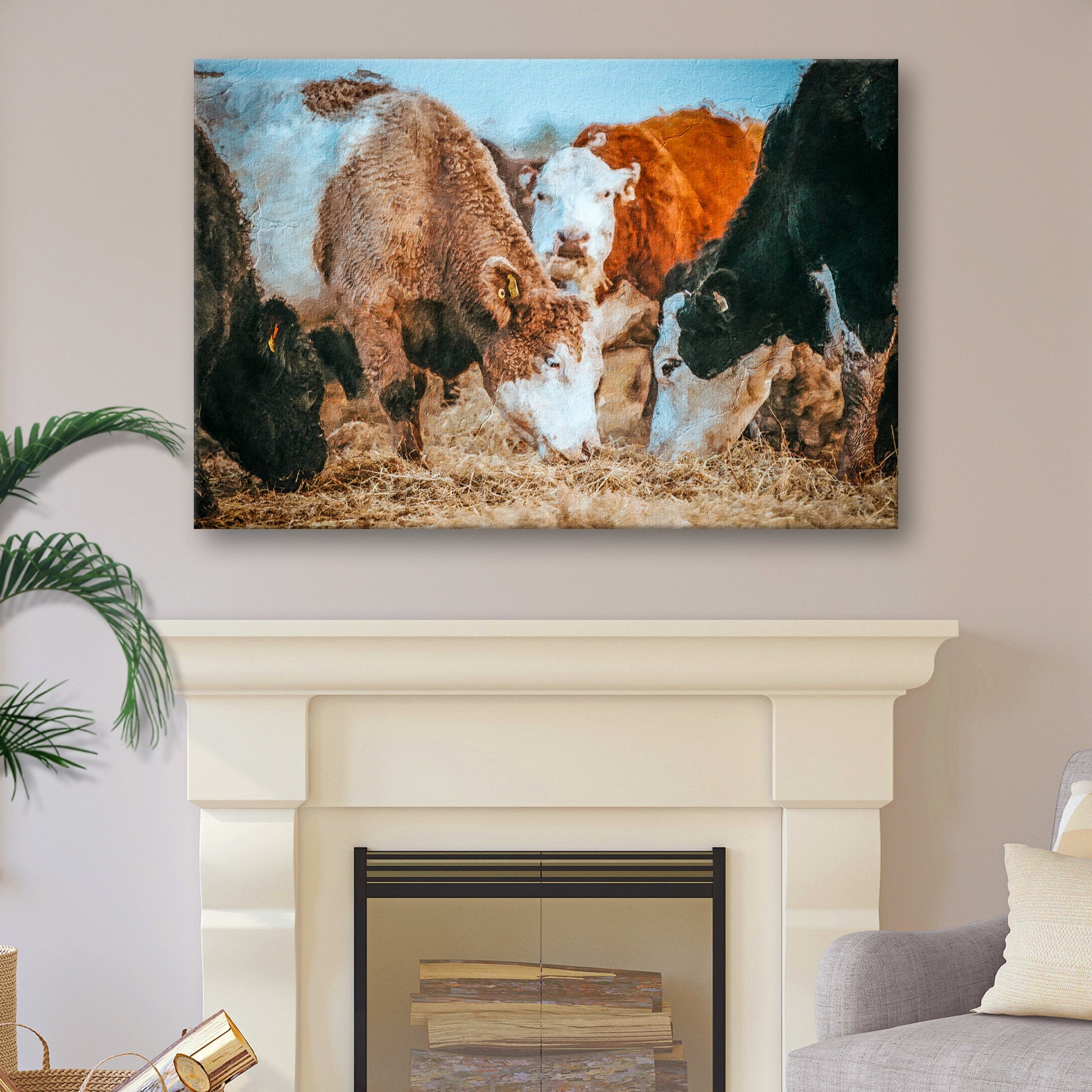 Hereford cattle family grazing on open pasture, rustic farmhouse canvas wall art