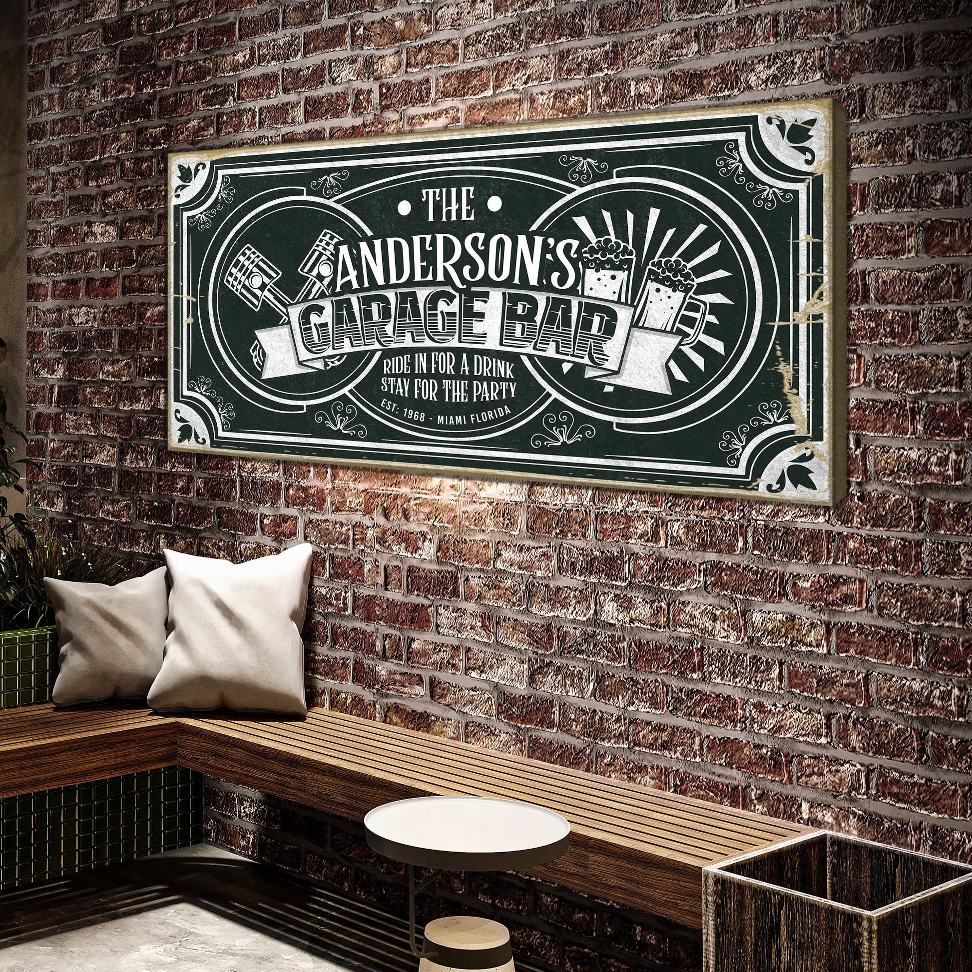 Garage Bar Victorian vintage canvas wall art sign with ornate typography, gallery-wrapped