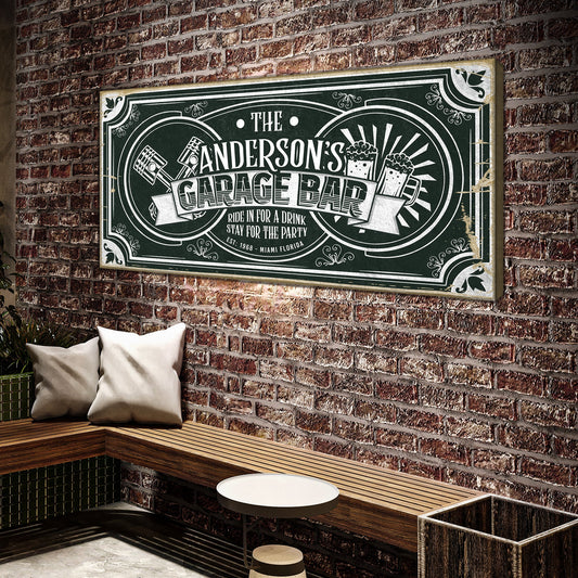 Garage Bar Victorian vintage canvas wall art sign with ornate typography, gallery-wrapped