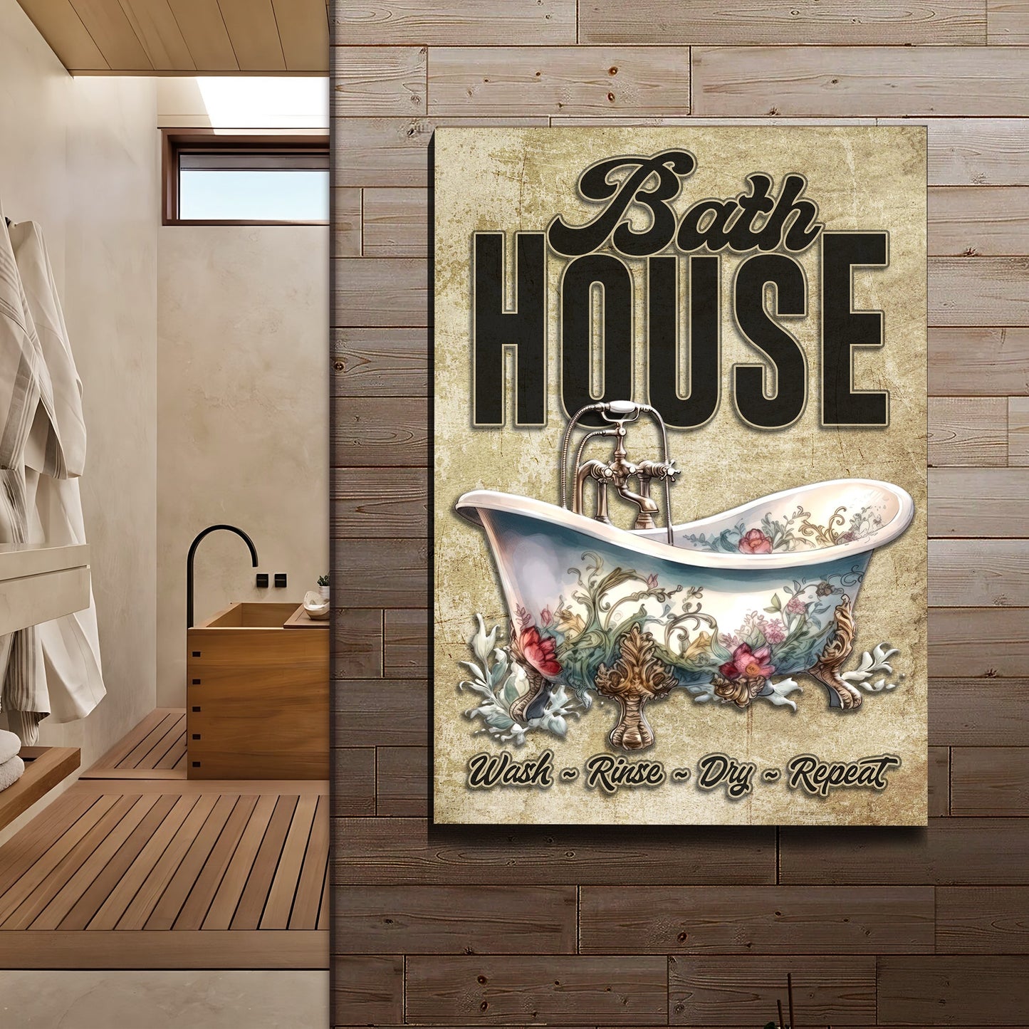 Wash Rinse Dry Repeat Bathroom Canvas Sign