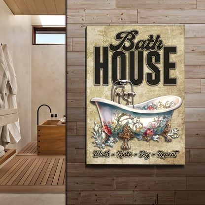 Wash Rinse Dry Repeat Bathroom Canvas Sign