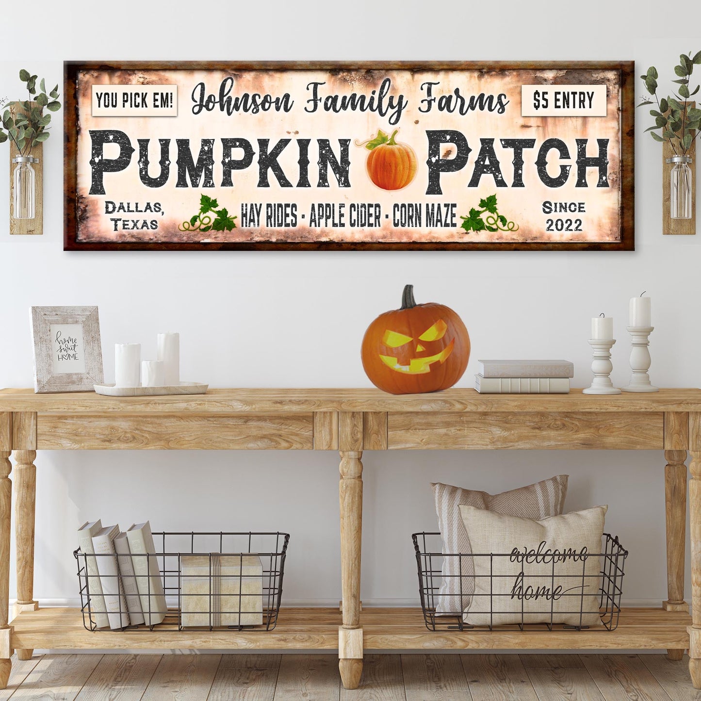 Family farms pumpkin patch canvas wall art sign with fall harvest vintage typography