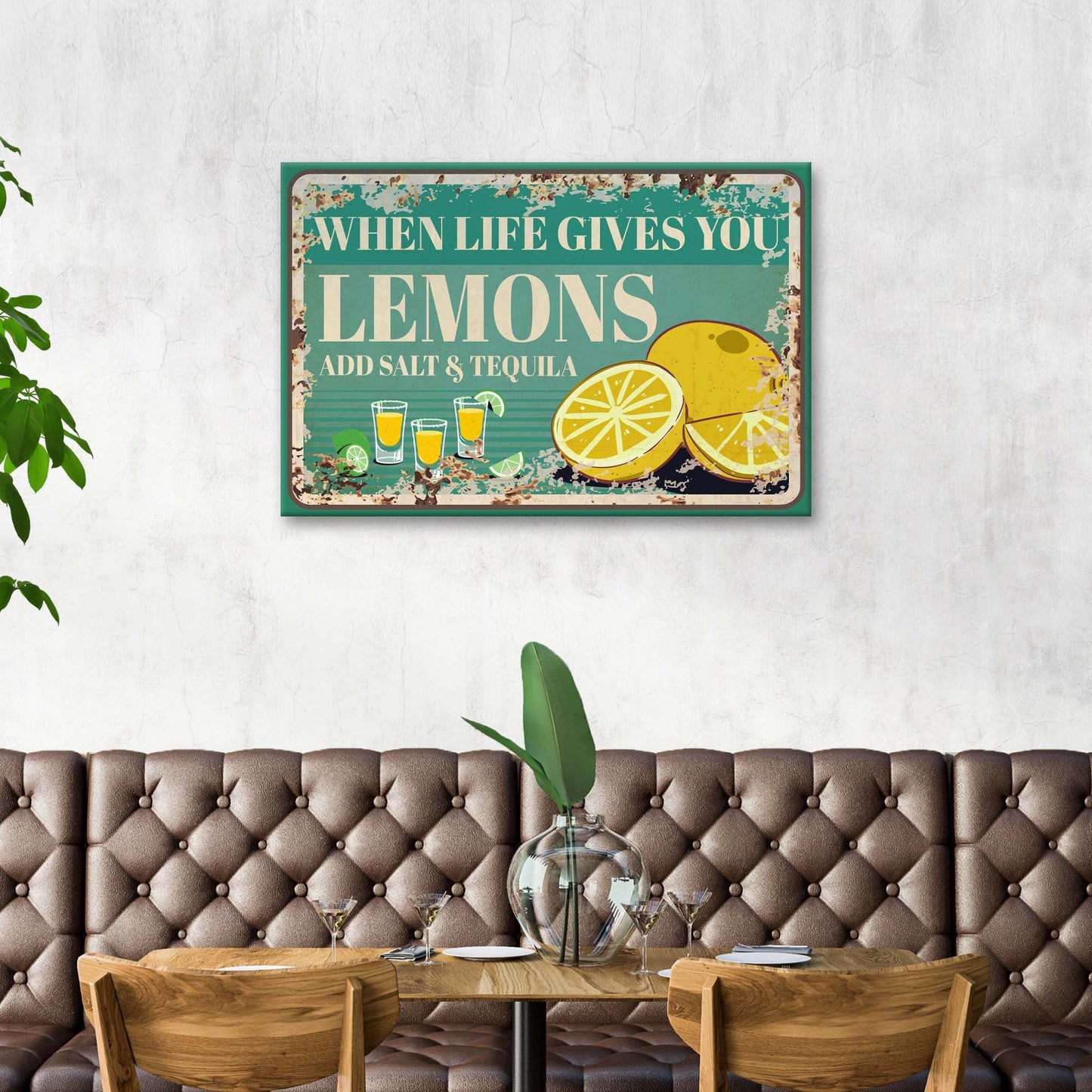 When Life Gives You Lemons rustic canvas sign with vintage paper typography and lemon motif