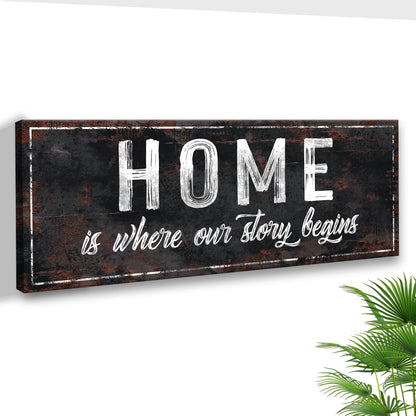 Our Story Begins Black Sign canvas shown in a styled room setting, view 3