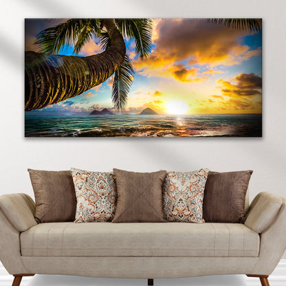 Palm Tree Beach at Sunset canvas shown in a styled room setting, view 3