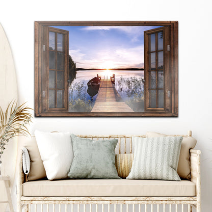 Style 2 of the open window canvas, a wooden dock on a lake at sunrise, hung above a rattan sofa