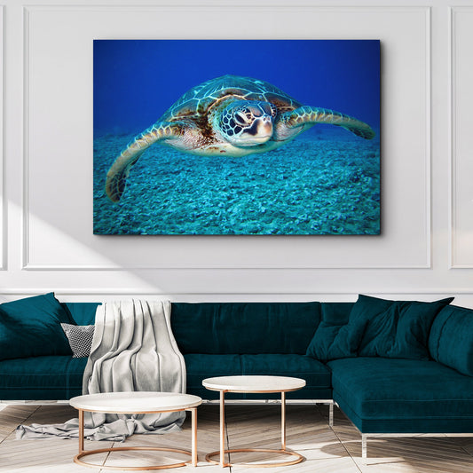 Green sea turtle canvas wall art with vibrant ocean colors and graceful form