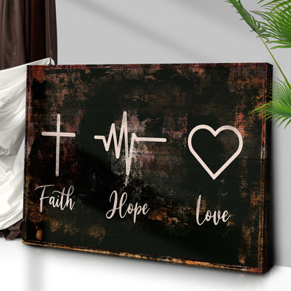 Faith Hope Love Cross and Heartbeat canvas shown in a styled room setting, view 3