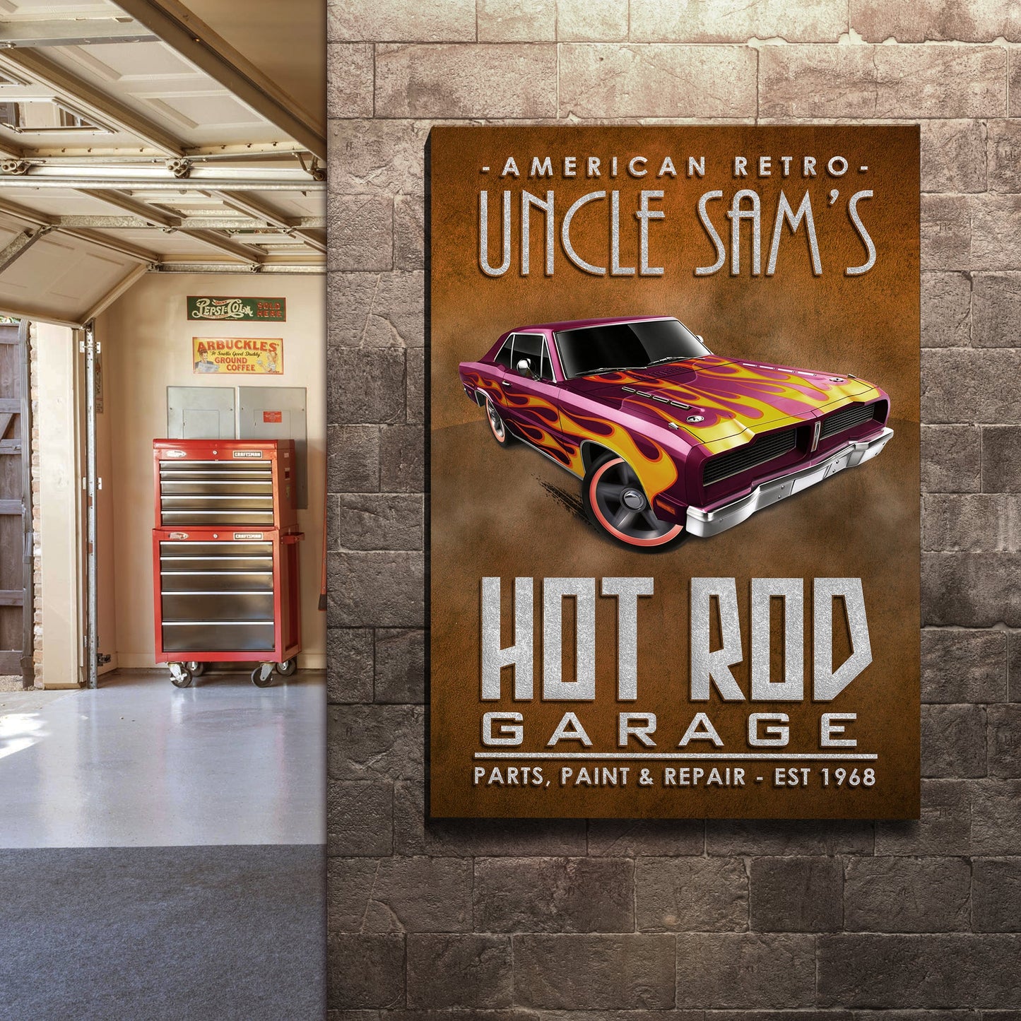 American Retro Garage Hot Rod Canvas Sign
