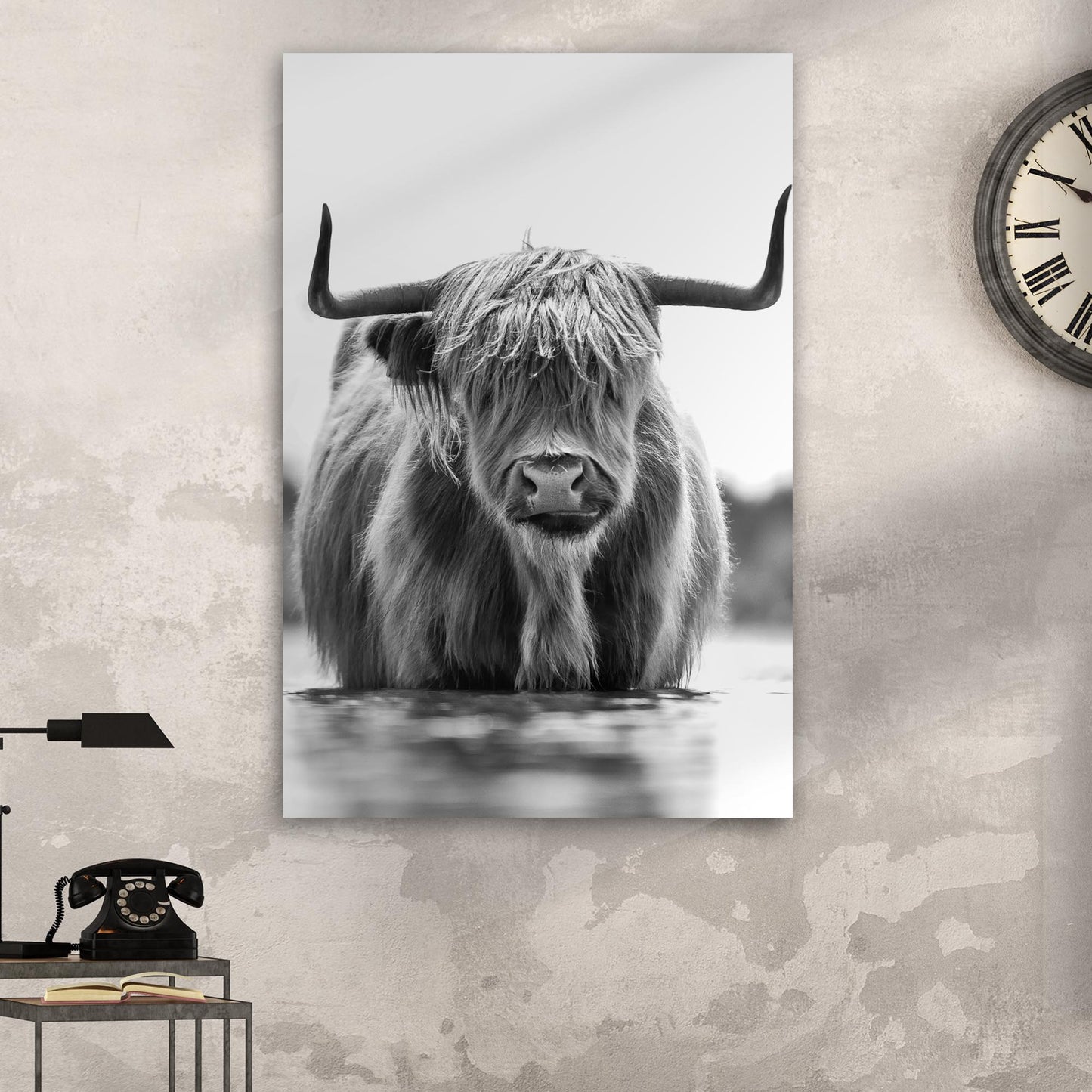 Grayscale highland cow portrait canvas wall art with dramatic monochromatic tones