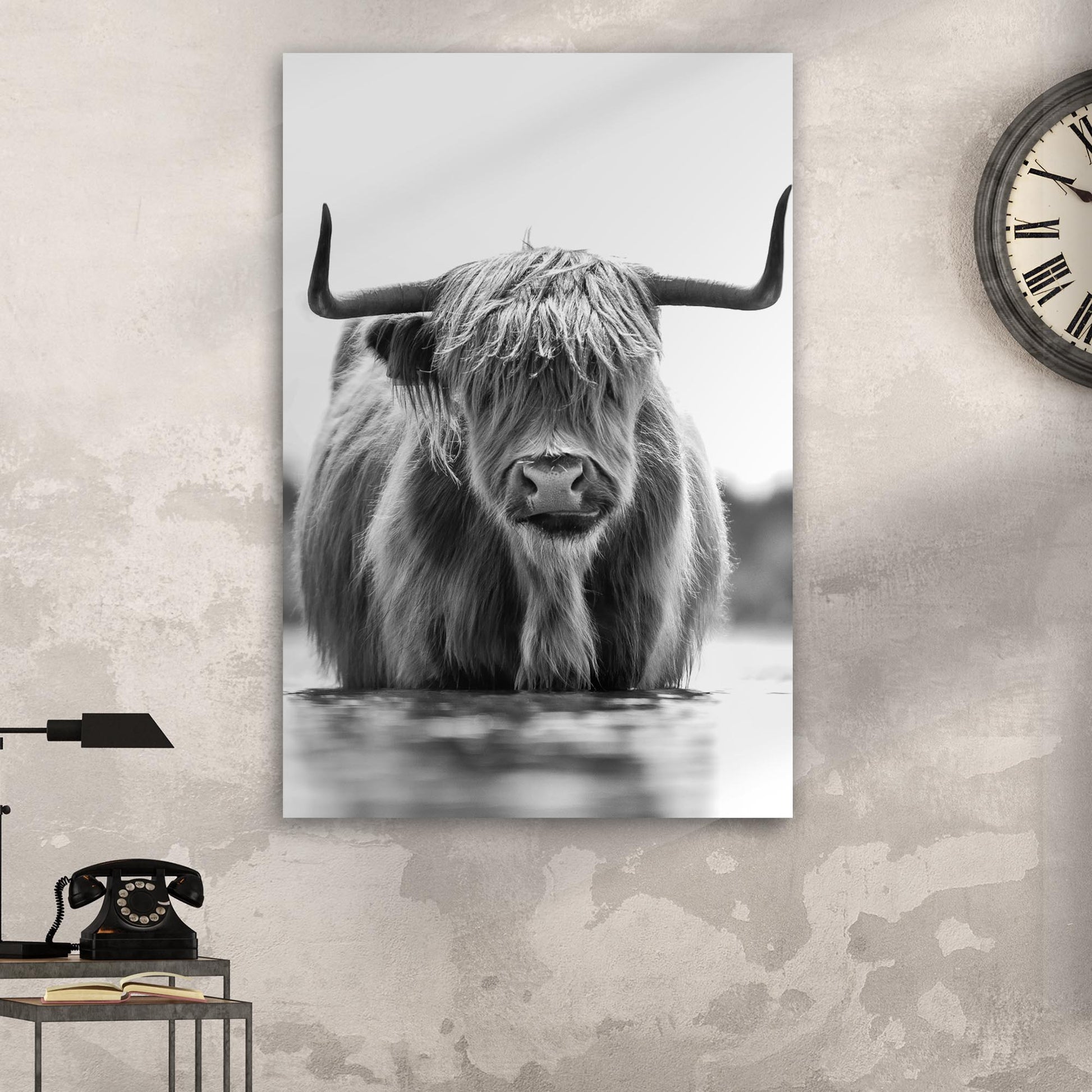 Grayscale highland cow portrait canvas wall art with dramatic monochromatic tones