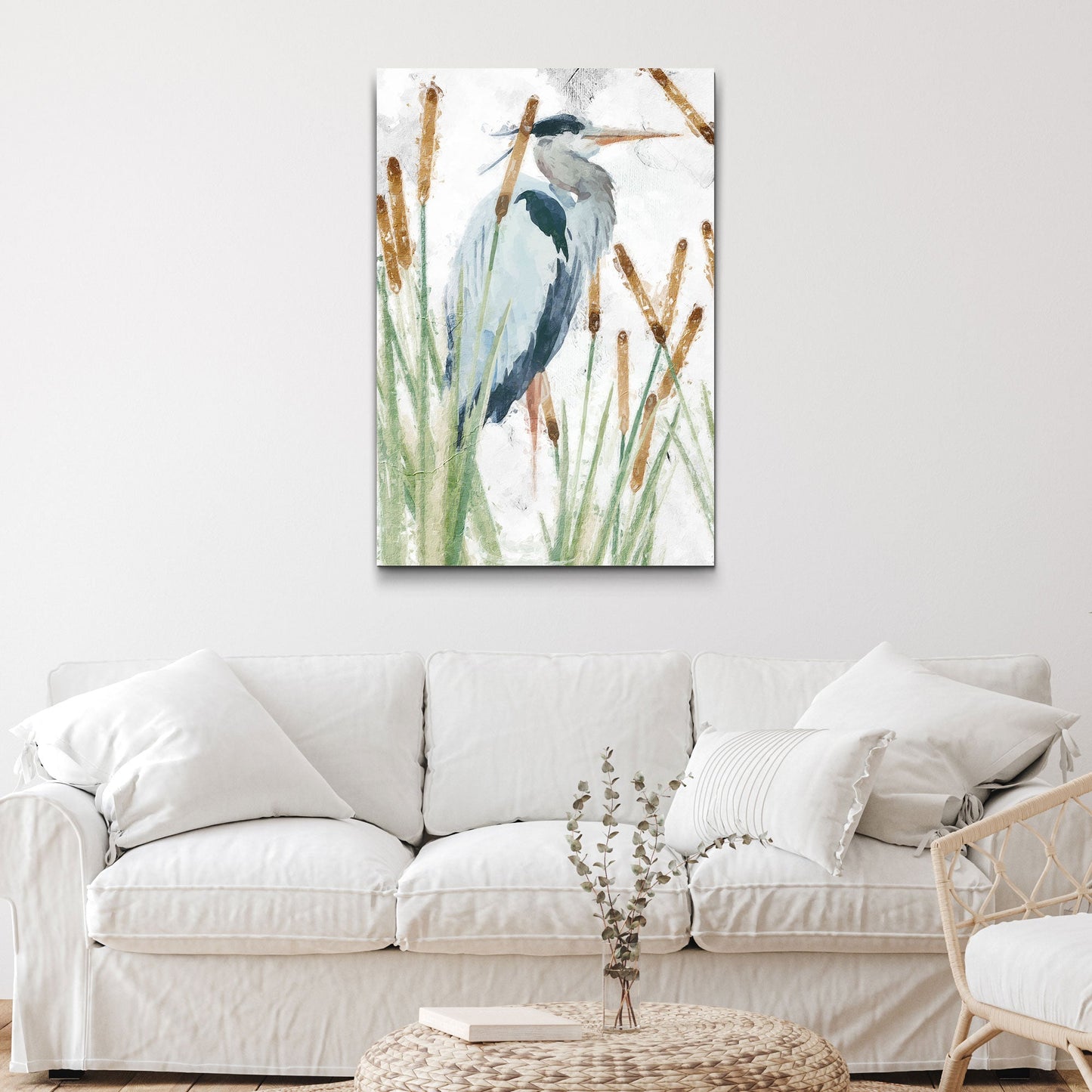 Heron in the reeds canvas wall art showing a regal great blue heron standing in natural wetland habitat with textured feather detail