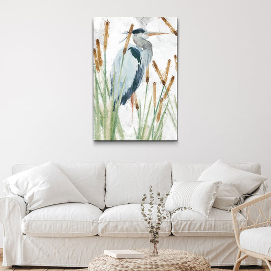 Heron in the reeds canvas wall art showing a regal great blue heron standing in natural wetland habitat with textured feather detail