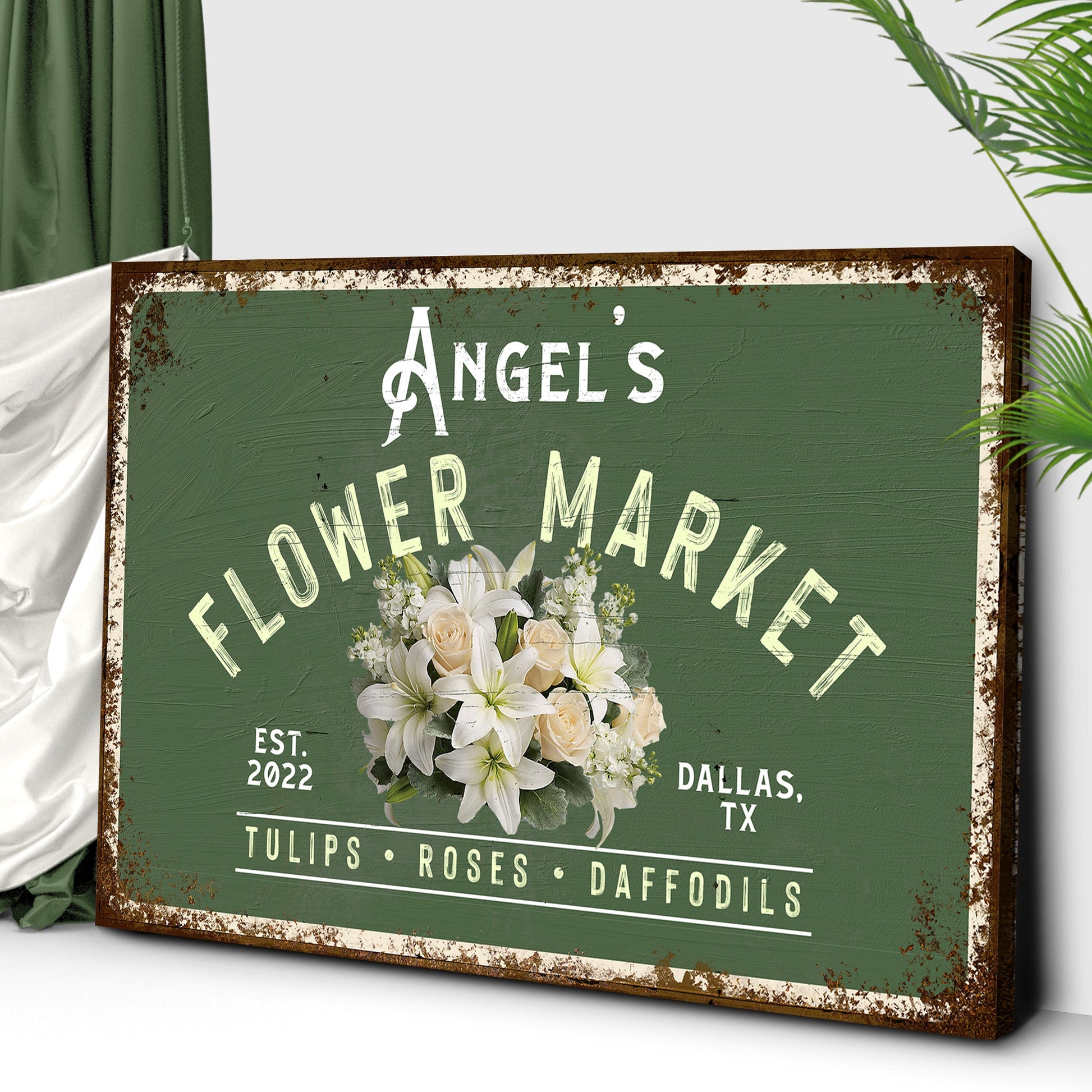 Flower Shop canvas wall art sign with botanical typography, gallery-wrapped, made in the USA