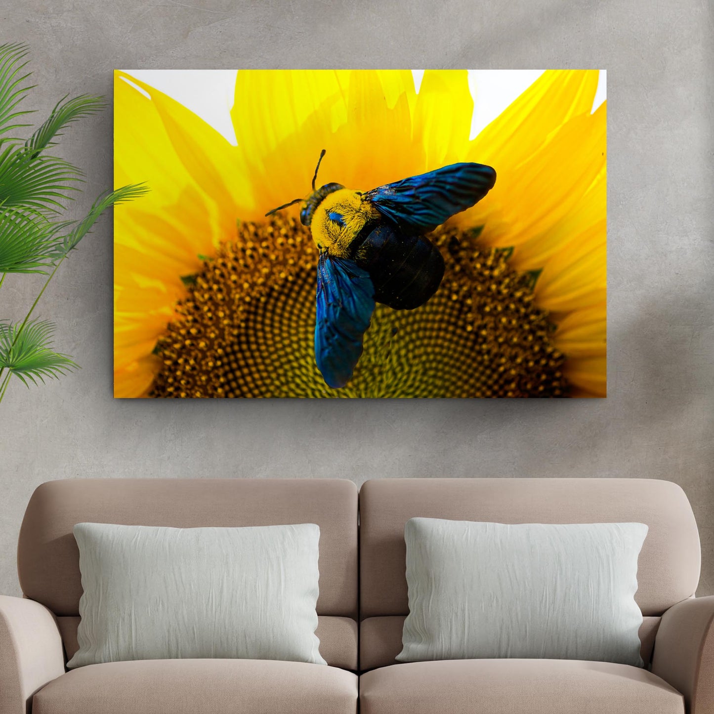 Bee and Hoverfly Above Sunflower Canvas Wall Art