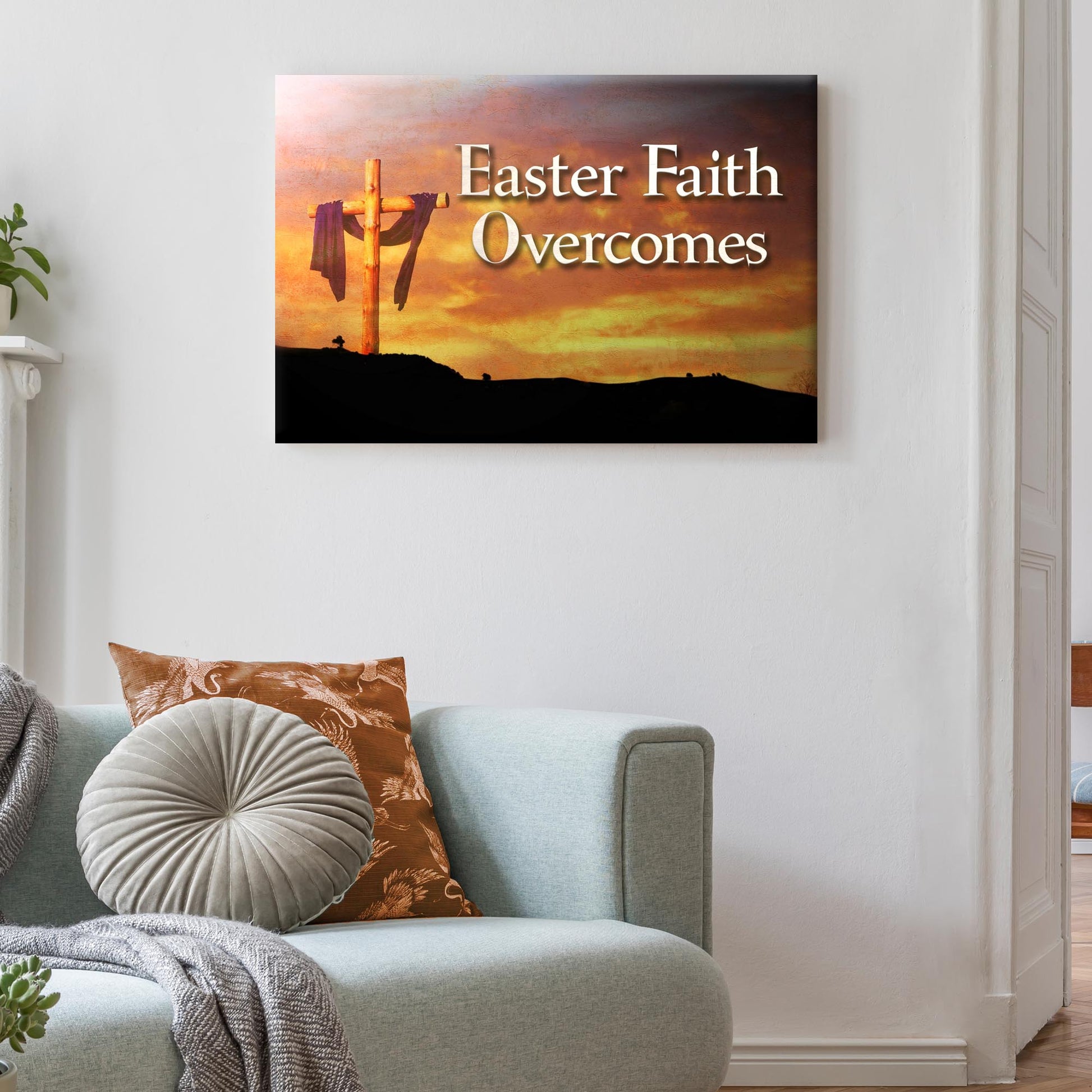Easter Faith Overcomes canvas sign with rustic inspirational typography