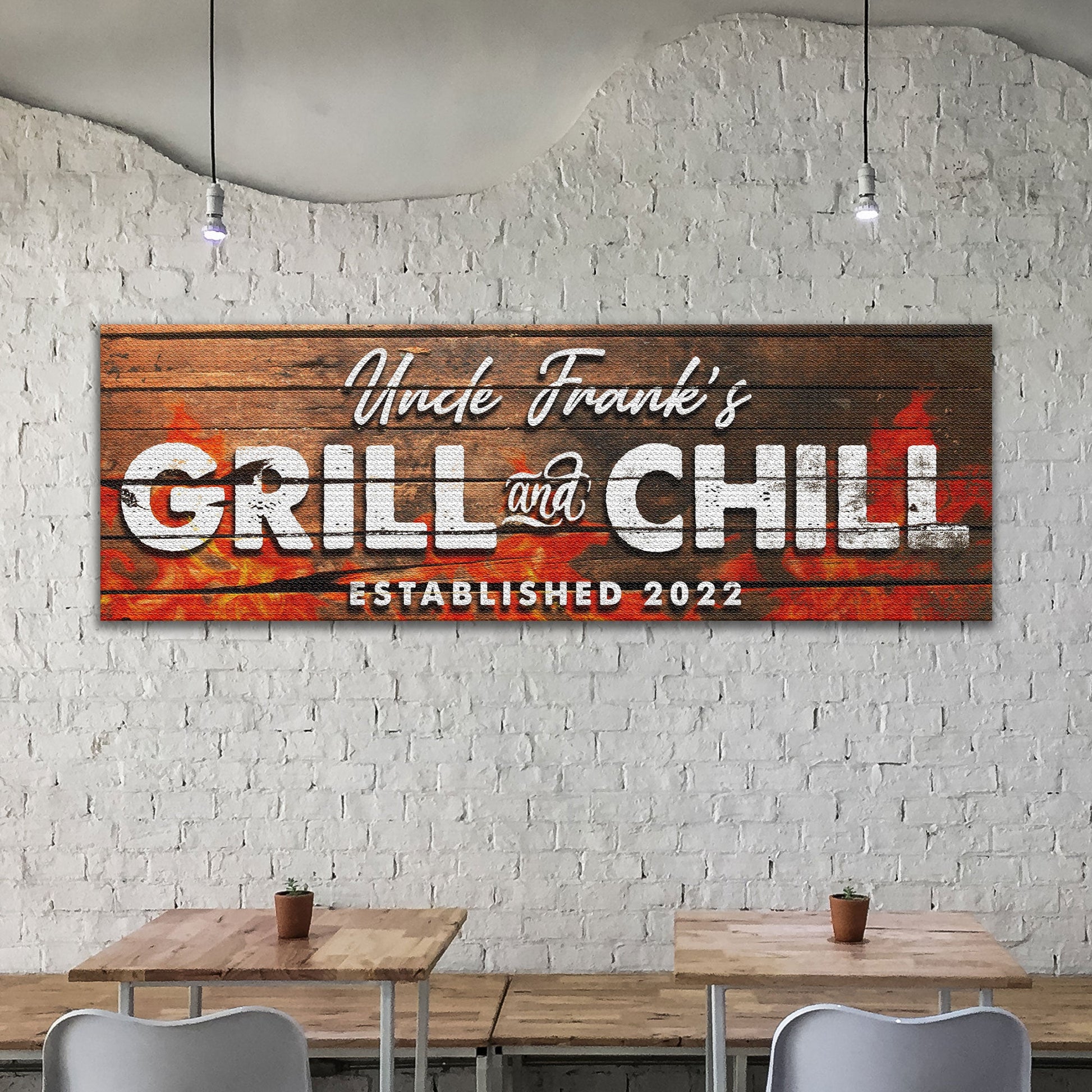 Grill And Chill rustic word-art canvas sign for a backyard patio