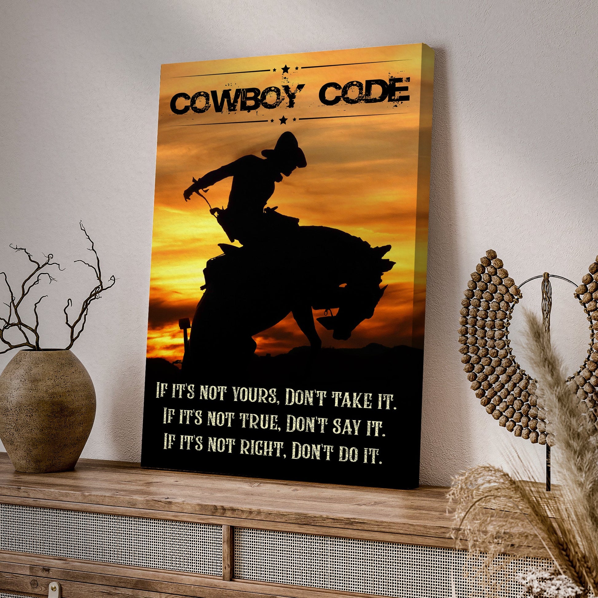 Cowboy code western canvas wall art Wild West typography and cowboy imagery