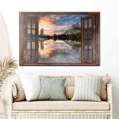 Style 3 of the open window canvas, a mountain lake under orange sunset clouds, hung above a rattan sofa