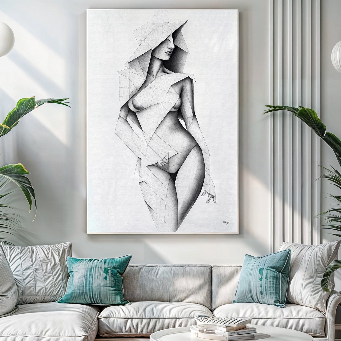 Tangible Point geometric human figure canvas wall art in precise lines and shading
