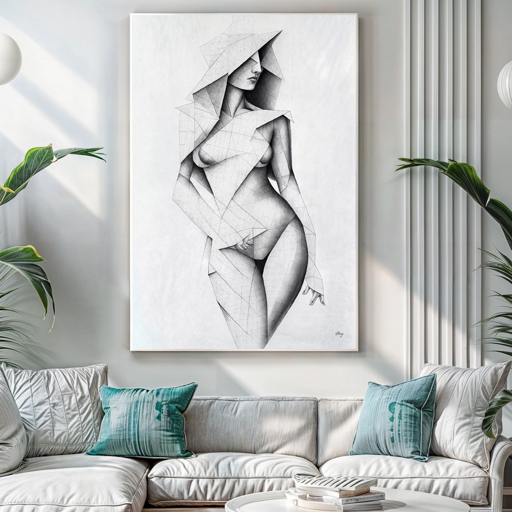 Tangible Point geometric human figure canvas wall art in precise lines and shading