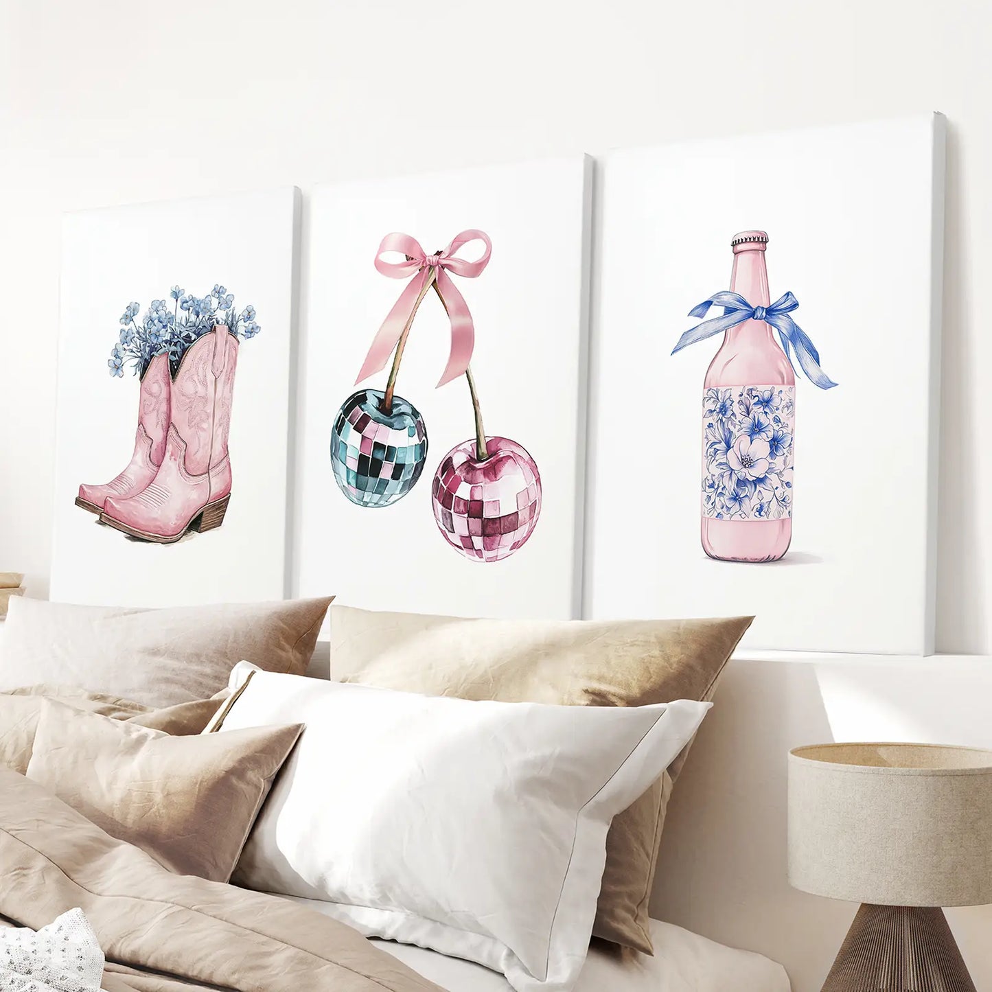 Cherries and Disco Ball Preppy Pink Wall Art Set