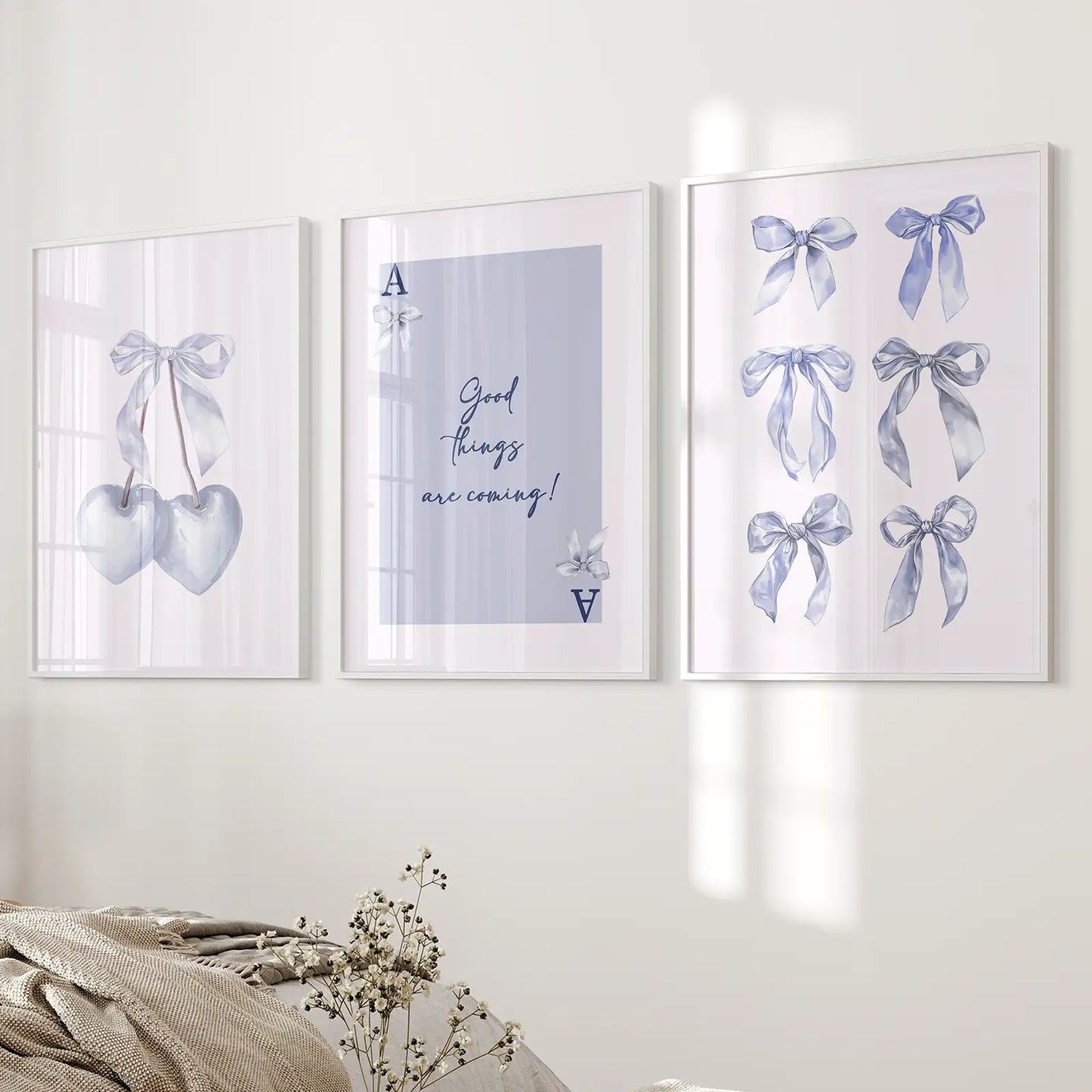 Blue Bows Preppy Girly Wall Art Set of 3 Prints