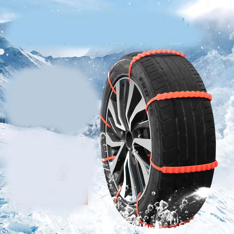 Temporary snow traction ties wrapped around tire on icy road