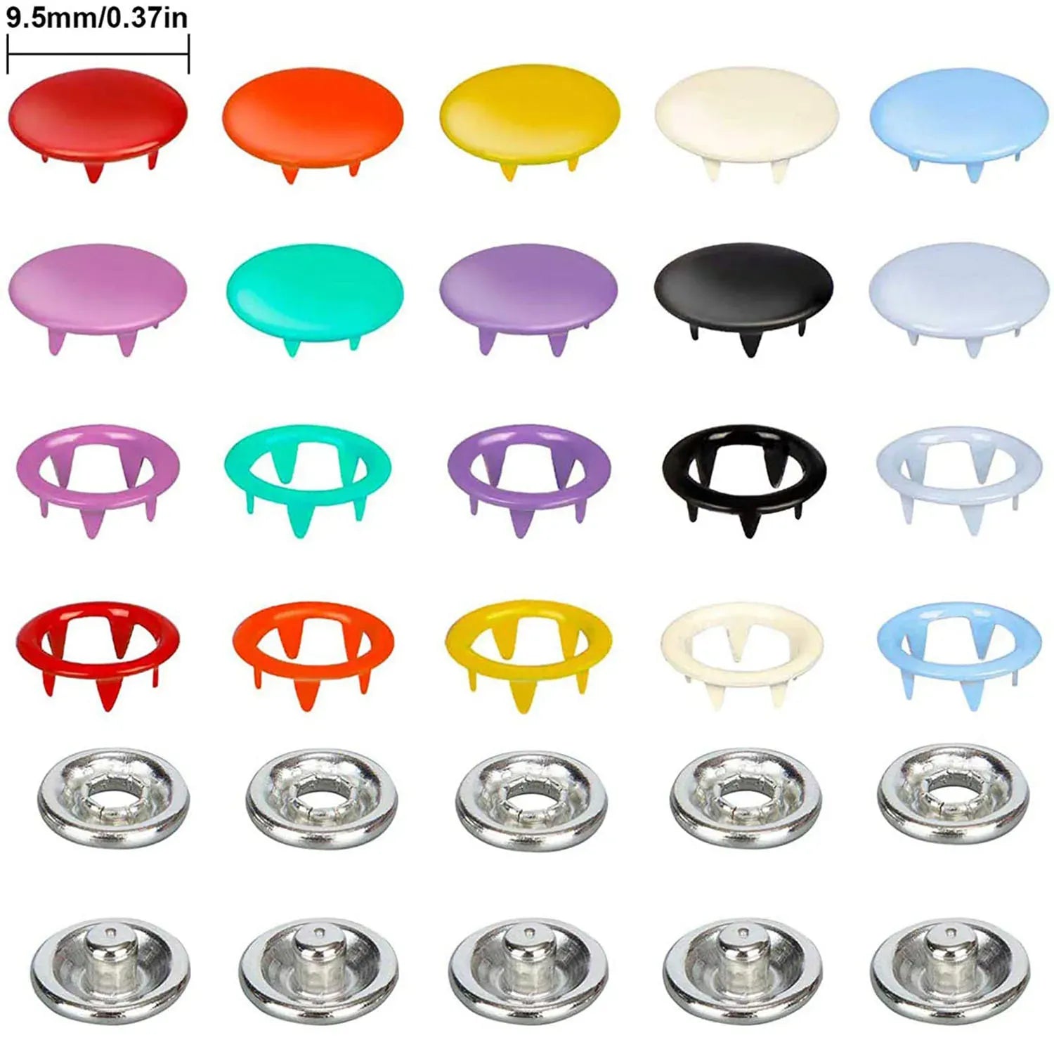 Ten different colored metal snap fasteners laid out for fabric matching 9.5mm/0.37in

