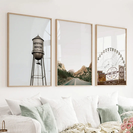 Texas travel 3 piece wall art set with water tower, ferris wheel, and open road
