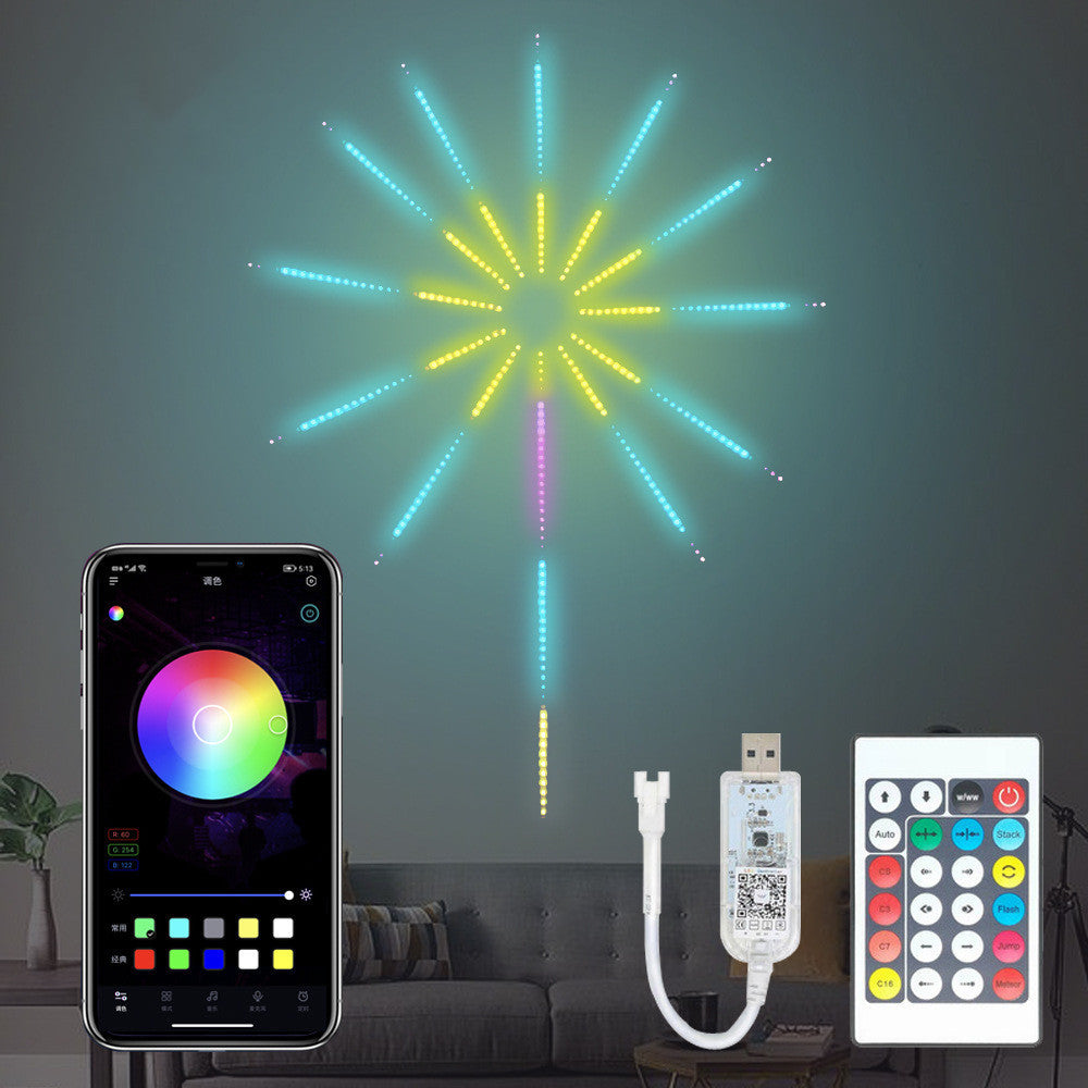 The image shows a smartphone app controlling a string of LED lights in the shape of a star, hanging on a wall. The lights are displaying various colors, and the image also includes a USB cable and a remote control with various buttons for adjusting the settings.